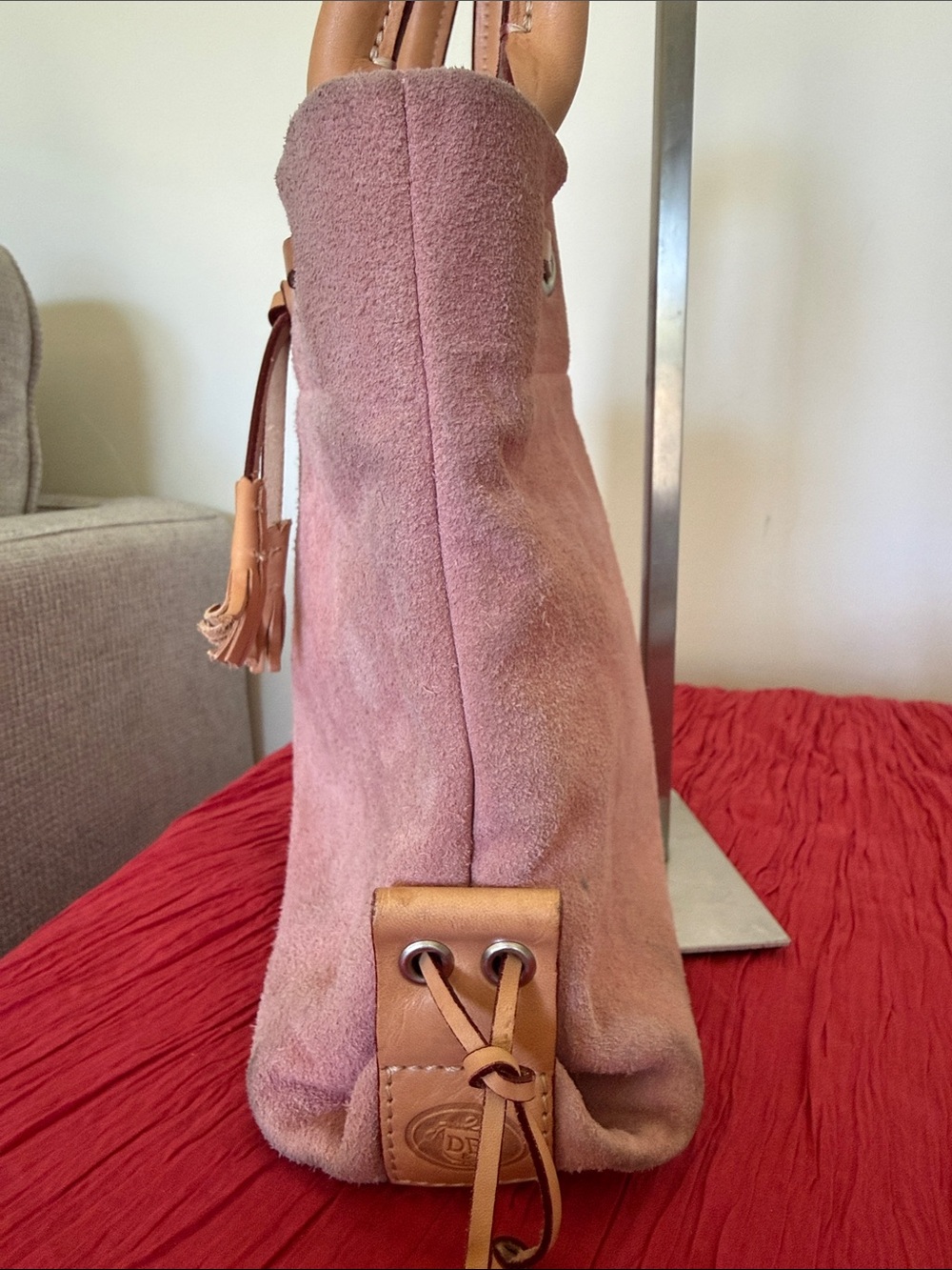 Dooney & Bourke Dusty Rose Suede Tote with Tan Leather Trim - Picture 3 of 16